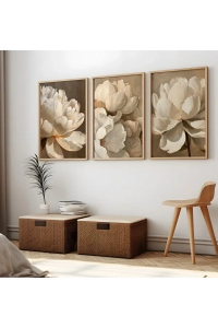 Ahşap Çerçeveli 3’lü Çiçek Tablo Seti, Modern Minimal Bej Tonlar, Salon & Oturma Odası Duvar Dekoru 30x20 Ölçülerinde